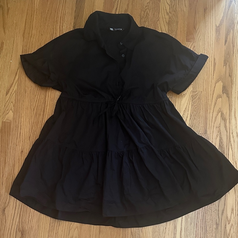Zara Black Short-Sleeve Tiered Mini Dress